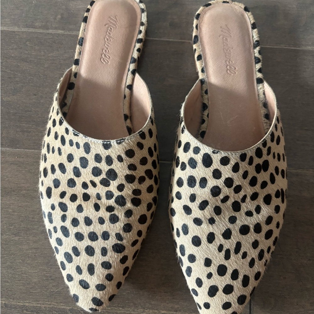 Madewell Black and Tan Animal Print Calf Hair Mules Slides Flats Size 10